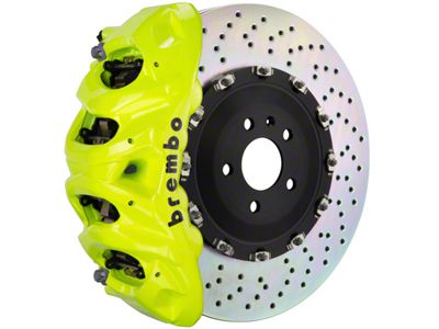 Brembo GT Series 8-Piston Front Big Brake Kit with 16.20-Inch 2-Piece Cross Drilled Rotors; Fluorescent Yellow Calipers (21-23 Tahoe)