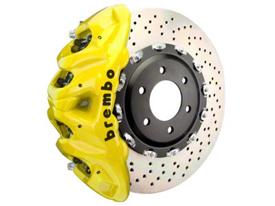 Brembo GT Series 8-Piston Front Big Brake Kit with 16.20-Inch 2-Piece Cross Drilled Rotors; Yellow Calipers (21-23 Yukon)