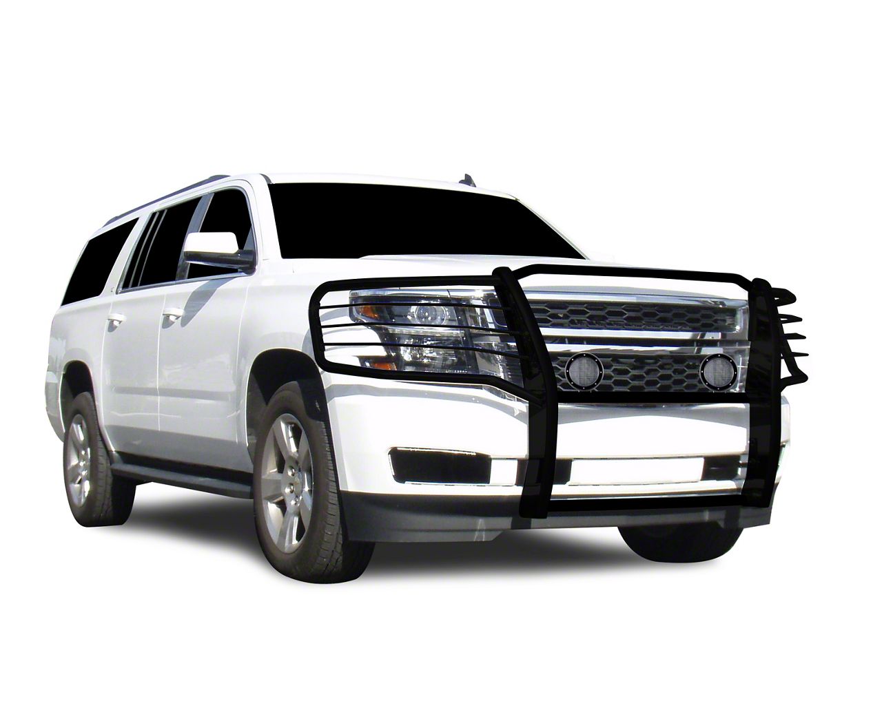 Tahoe Grille Guard with 5.30Inch Black Round Flood LED Lights; Black