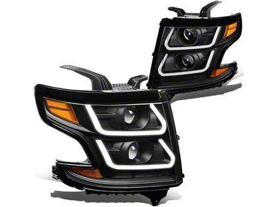 Dual LED DRL Projector Headlights with Amber Corners; Black Housing; Clear Lens (15-20 Tahoe w/ Factory Halogen Headlights)