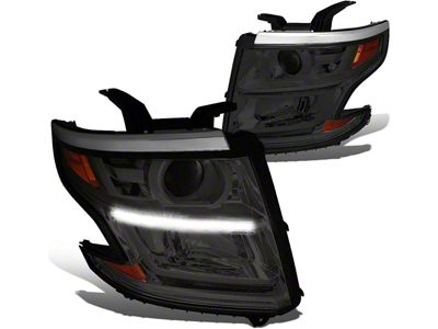 LED DRL Projector Headlights with Amber Corners; Chrome Housing; Smoked Lens (15-20 Tahoe w/ Factory Halogen Headlights)
