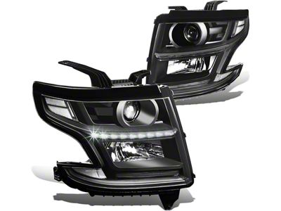 LED DRL Projector Headlights with Clear Corners; Black Housing; Clear Lens (15-20 Tahoe w/ Factory Halogen Headlights)