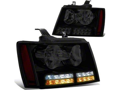 Headlights with Amber Corners, LED DRL and Turn Signals; Black Housing; Smoked Lens (07-14 Tahoe)