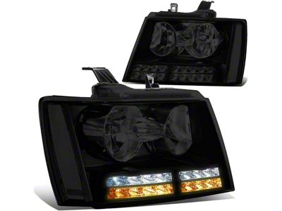 Headlights with Clear Corners, LED DRL and Turn Signals; Black Housing; Smoked Lens (07-14 Tahoe)