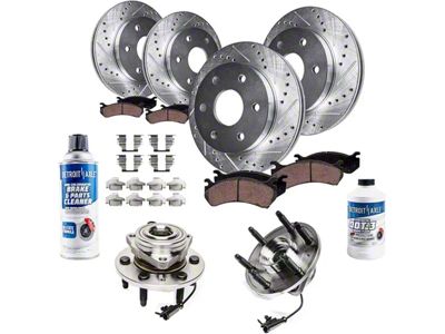 Drilled and Slotted 6-Lug Brake Rotor, Pad, Hub Assembly, Brake Fluid and Cleaner Kit; Front and Rear (07-13 4WD Silverado 1500 w/ Rear Disc Brakes)