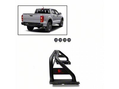 Classic Roll Bar with 5.30-Inch Black Round Flood LED Lights; Black (19-23 Ranger w/ Tonneau Cover)