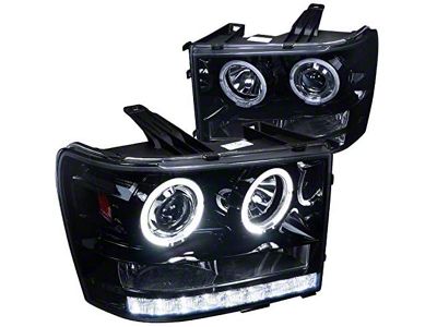 SMD Dual Halo Projector Headlights; Gloss Black Housing; Clear Lens (07-14 Sierra 2500 HD)