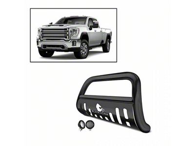 Bull Bar with 5.30-Inch Black Round Flood LED Lights; Black (20-23 Silverado 3500 HD)