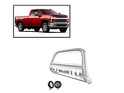 Bull Bar with 5.30-Inch Black Round Flood LED Lights; Stainless Steel (20-23 Sierra 2500 HD)