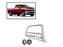 Bull Bar with 5.30-Inch Red Round Flood LED Lights; Stainless Steel (20-23 Sierra 2500 HD)