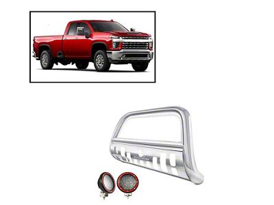 Bull Bar with 5.30-Inch Red Round Flood LED Lights; Stainless Steel (20-23 Sierra 2500 HD)