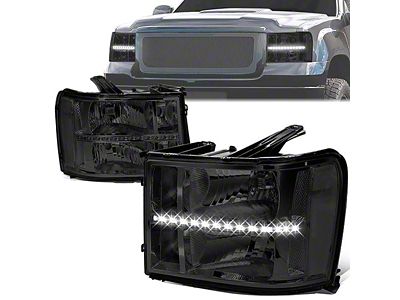 LED DRL Strip Headlights with Clear Corners; Chrome Housing; Smoked Lens (07-14 Sierra 2500 HD)