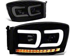 Dual LED DRL Projector Headlight with Clear Corner Lights; Black Housing; Smoked Lens (06-09 RAM 3500)