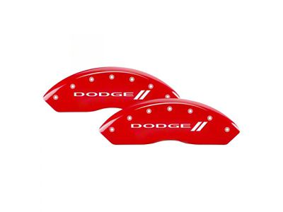 MGP Red Caliper Covers with Dodge Stripes Logo; Front and Rear (2010 RAM 3500 SRW)