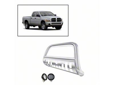 Bull Bar with 5.30-Inch Black Round Flood LED Lights; Stainless Steel (03-09 RAM 2500)