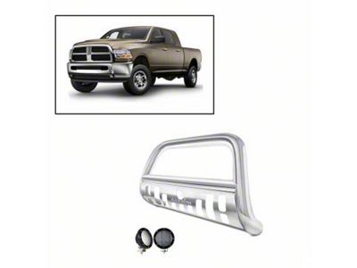 Bull Bar with 5.30-Inch Black Round Flood LED Lights; Stainless Steel (10-18 RAM 2500)