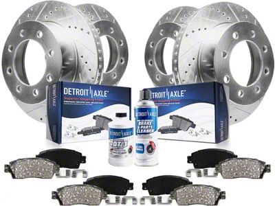 Drilled and Slotted 8-Lug Brake Rotor, Pad, Brake Fluid and Cleaner Kit; Front and Rear (03-08 RAM 2500)