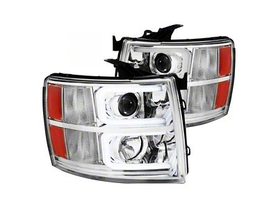 Dual LED C-Bar Projector Headlights; Chrome Housing; Clear Lens (07-13 Silverado 1500)