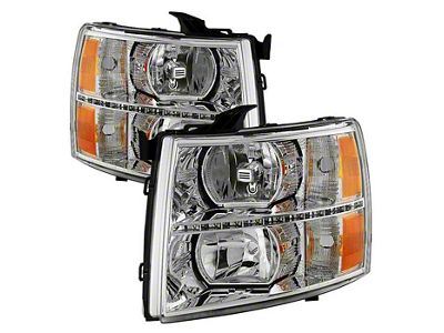 Crystal Headlights with DRL LED Design; Chrome Housing; Clear Lens (07-13 Silverado 1500)