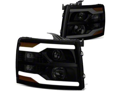 Dual LED DRL Projector Headlights with Amber Corner Lights; Black Housing; Smoked Lens (07-13 Silverado 1500)