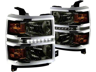 LED DRL Headlights with Amber Corner Lights; Black Housing; Smoked Lens (2015 Silverado 3500 HD)
