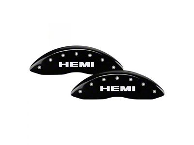 MGP Black Caliper Covers with HEMI Logo; Front and Rear (19-23 RAM 1500 w/ Standard Rear Calipers)