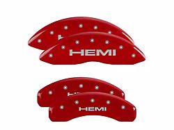 MGP Red Caliper Covers with HEMI Logo; Front and Rear (19-23 RAM 1500 w/ Alternate Rear Calipers)