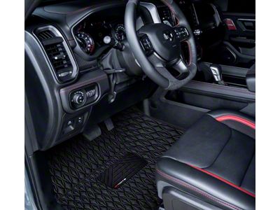 Single Layer Diamond Front and Rear Floor Mats; Black and Black Stitching (19-23 RAM 1500 Crew Cab w/ Front Bucket Seats & Rear Underseat Storage)