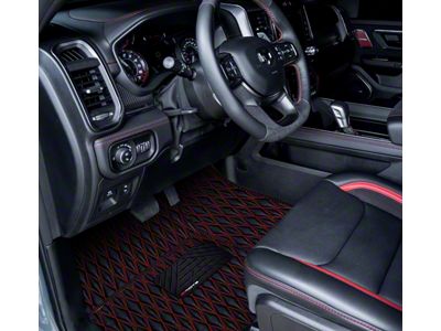 Single Layer Diamond Front and Rear Floor Mats; Black and Red Stitching (19-23 RAM 1500 Quad Cab w/ Front Bucket Seats)
