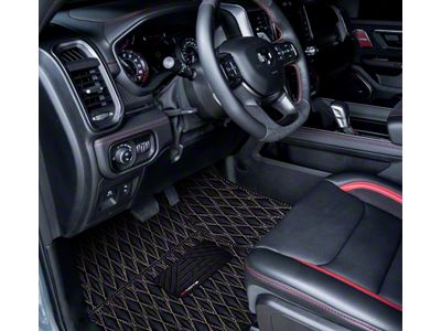 Single Layer Diamond Front and Rear Floor Mats; Black and White Stitching (19-23 RAM 1500 Quad Cab w/ Front Bucket Seats)