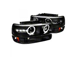 Dual Halo Projector Headlights with Bumper Lights; Black Housing; Smoked Lens (99-02 Silverado 1500)