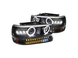 Dual Halo Projector Headlights with LED Sequential Turn Signals Bumper Lights; Matte Black Housing; Clear Lens (99-02 Silverado 1500)