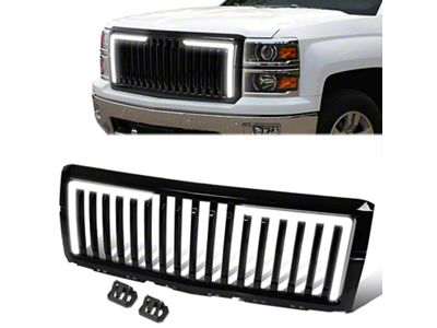 Badgeless Vertical Bar Style Upper Replacement Grille with LED Lights; Black (14-15 Silverado 1500)