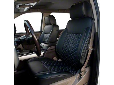 Kustom Interior Premium Artificial Leather Front and Rear Seat Covers; All Black With Honeycomb Accent (14-18 Silverado 1500 Crew Cab w/ Rear Seat Armrest)