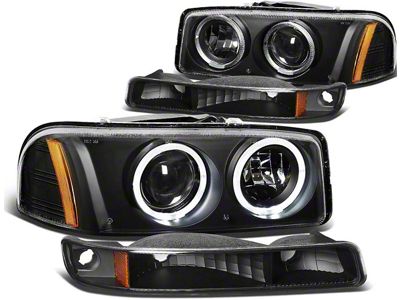 LED Dual Halo Projector Headlights with Amber Corner; Black Housing; Clear Lens (99-06 Sierra 1500, Excluding Denali)