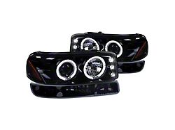 Dual Halo Projector Headlights with Bumper Lights; Gloss Black Housing; Smoked Lens (99-06 Sierra 1500, Excluding Denali)