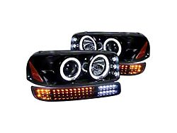 Dual Halo Projector Headlights with LED Sequential Turn Signals Bumper Lights; Gloss Black Housing; Smoked Lens (99-06 Sierra 1500, Excluding Denali)