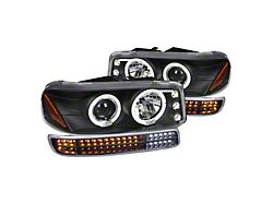 Dual Halo Projector Headlights with LED Sequential Turn Signals Bumper Lights; Matte Black Housing; Clear Lens (99-06 Sierra 1500, Excluding Denali)