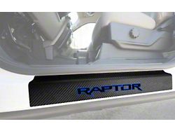 Front Door Sill Protection with Raptor Logo; Raw Carbon Fiber; Black and Blue (15-20 F-150)