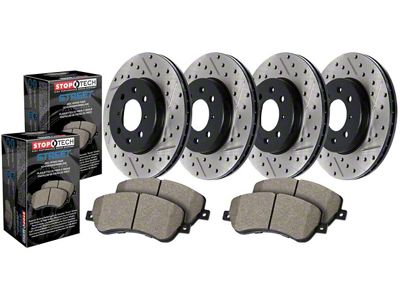 StopTech Street Axle Drilled and Slotted 6-Lug Brake Rotor and Pad Kit; Front and Rear (12-14 F-150; 15-20 F-150 w/ Manual Parking Brake)